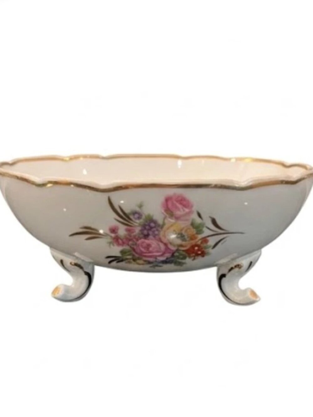 Antique Limoges France Porcelain Footed Bowl Floral Roses Gold Trim 5"